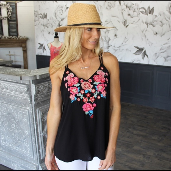 LAST ONE! Black Embroidered Cami Tank - Picture 2 of 4